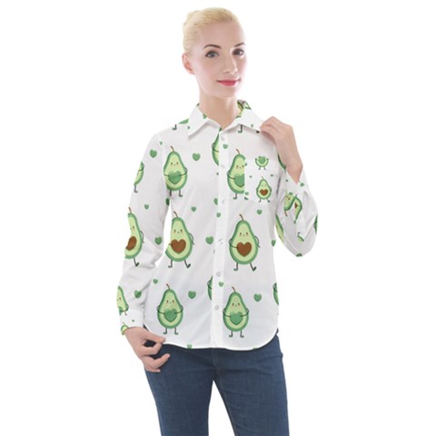 Cute Seamless Pattern With Avocado Lovers Women s Long Sleeve Pocket Shirt by BangZart