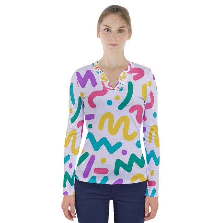 Abstract pop art seamless pattern cute background memphis style V-Neck Long Sleeve Top