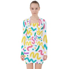 Abstract Pop Art Seamless Pattern Cute Background Memphis Style V-neck Bodycon Long Sleeve Dress by BangZart