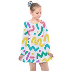 Abstract Pop Art Seamless Pattern Cute Background Memphis Style Kids  Long Sleeve Dress by BangZart