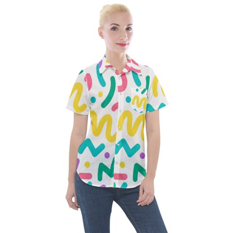 Abstract Pop Art Seamless Pattern Cute Background Memphis Style Women s Short Sleeve Pocket Shirt by BangZart