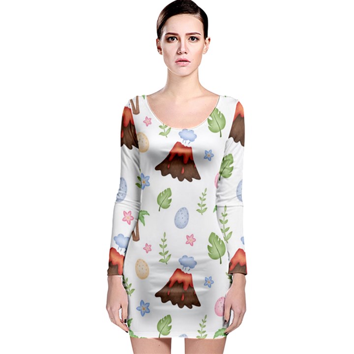 Cute palm volcano seamless pattern Long Sleeve Bodycon Dress