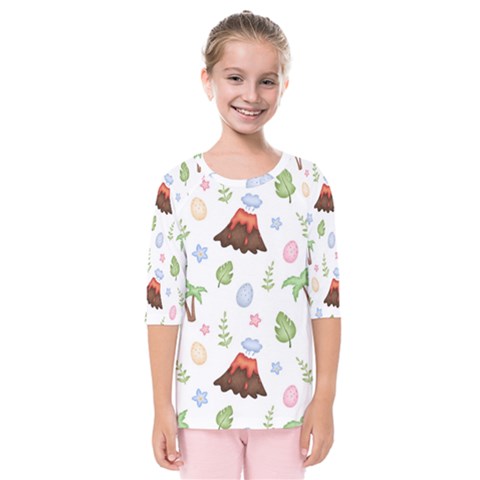 Cute Palm Volcano Seamless Pattern Kids  Quarter Sleeve Raglan Tee by BangZart