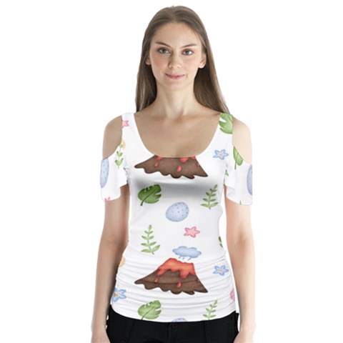 Cute Palm Volcano Seamless Pattern Butterfly Sleeve Cutout Tee  by BangZart