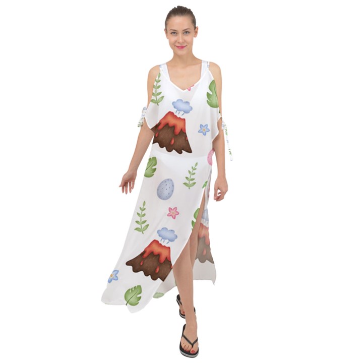 Cute palm volcano seamless pattern Maxi Chiffon Cover Up Dress