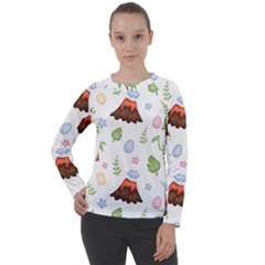 Cute Palm Volcano Seamless Pattern Women s Long Sleeve Raglan Tee