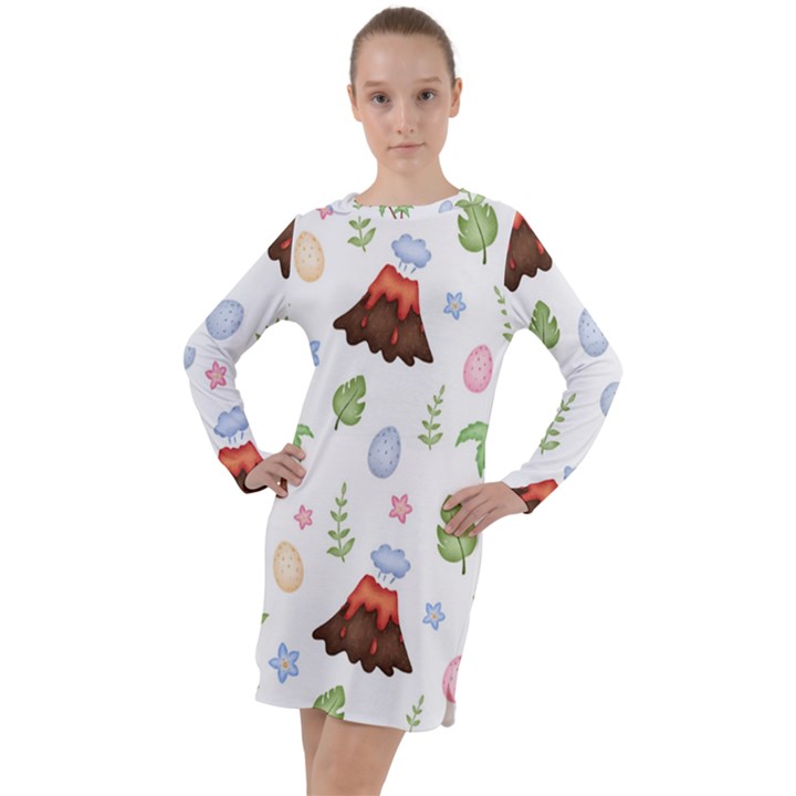 Cute palm volcano seamless pattern Long Sleeve Hoodie Dress