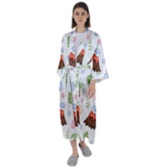 Cute Palm Volcano Seamless Pattern Maxi Satin Kimono by BangZart