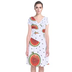 Seamless-background-pattern-with-watermelon-slices Short Sleeve Front Wrap Dress by BangZart