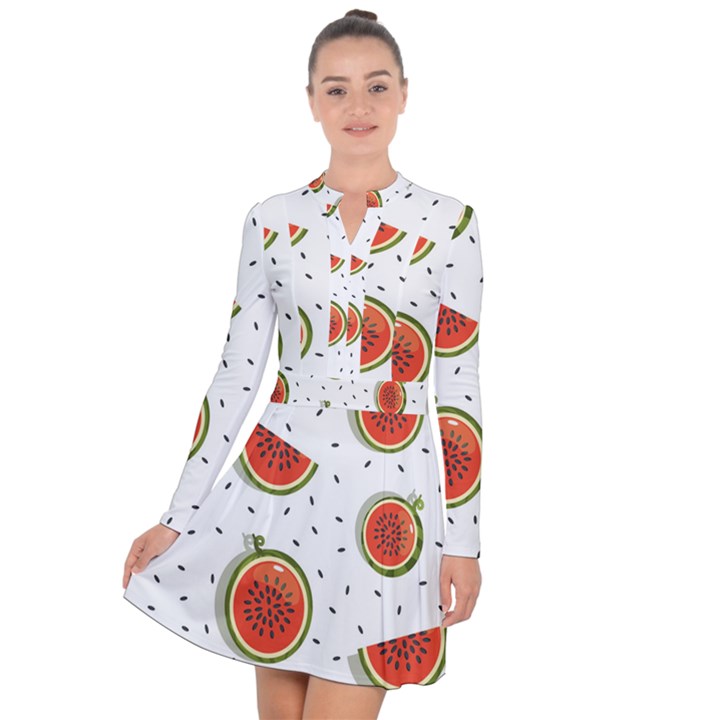 Seamless-background-pattern-with-watermelon-slices Long Sleeve Panel Dress