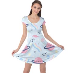 Cute Planet Space Seamless Pattern Background Cap Sleeve Dress by BangZart