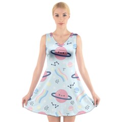 Cute Planet Space Seamless Pattern Background V-neck Sleeveless Dress by BangZart