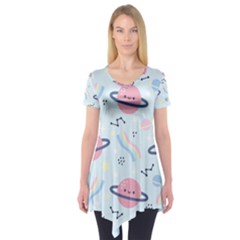 Cute Planet Space Seamless Pattern Background Short Sleeve Tunic  by BangZart