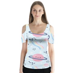 Cute Planet Space Seamless Pattern Background Butterfly Sleeve Cutout Tee 