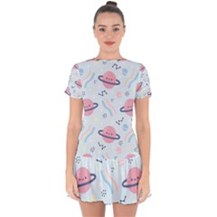 Cute Planet Space Seamless Pattern Background Drop Hem Mini Chiffon Dress