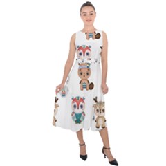 Cute Cartoon Boho Animals Seamless Pattern Midi Tie-back Chiffon Dress