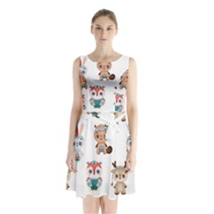 Cute Cartoon Boho Animals Seamless Pattern Sleeveless Waist Tie Chiffon Dress