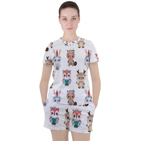 Cute Cartoon Boho Animals Seamless Pattern Women s Tee And Shorts Set by BangZart