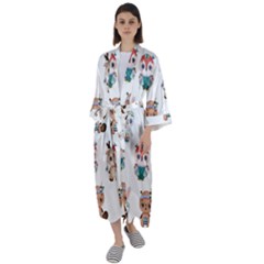 Cute Cartoon Boho Animals Seamless Pattern Maxi Satin Kimono