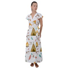 Cute Cartoon Native American Seamless Pattern Flutter Sleeve Maxi Dress by BangZart