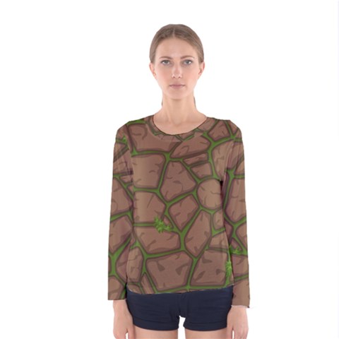 Cartoon Brown Stone Grass Seamless Background Texture Pattern Women s Long Sleeve Tee by BangZart