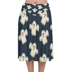 Hand Drawn Ghost Pattern Velvet Flared Midi Skirt