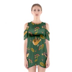 Cute Seamless Pattern Bird With Berries Leaves Shoulder Cutout One Piece Dress by BangZart