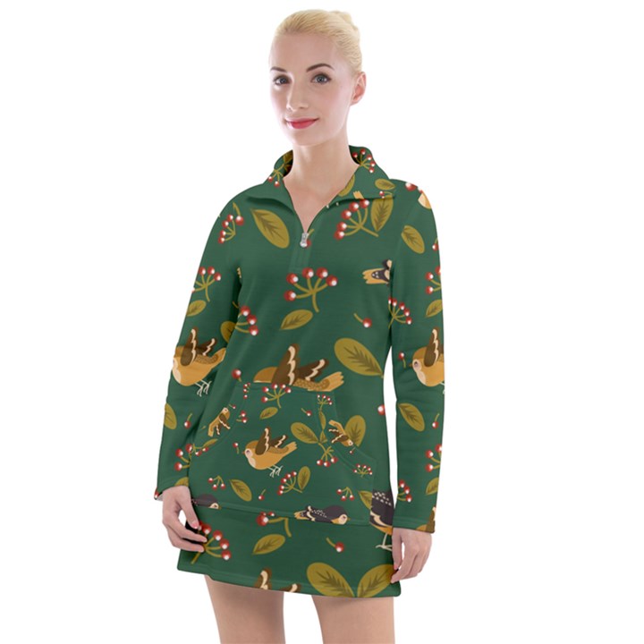 Cute seamless pattern bird with berries leaves Women s Long Sleeve Casual Dress