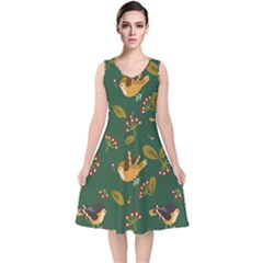 Cute Seamless Pattern Bird With Berries Leaves V-neck Midi Sleeveless Dress  by BangZart