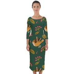 Cute Seamless Pattern Bird With Berries Leaves Quarter Sleeve Midi Bodycon Dress by BangZart