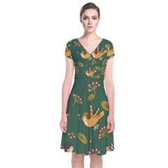 Cute Seamless Pattern Bird With Berries Leaves Short Sleeve Front Wrap Dress by BangZart