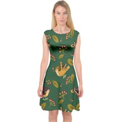 Cute Seamless Pattern Bird With Berries Leaves Capsleeve Midi Dress by BangZart