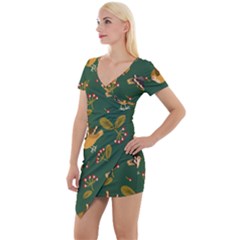 Cute Seamless Pattern Bird With Berries Leaves Short Sleeve Asymmetric Mini Dress by BangZart