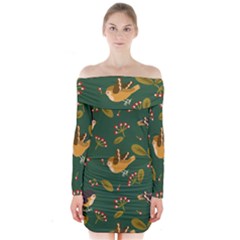 Cute Seamless Pattern Bird With Berries Leaves Long Sleeve Off Shoulder Dress by BangZart