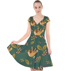 Cute Seamless Pattern Bird With Berries Leaves Cap Sleeve Front Wrap Midi Dress by BangZart