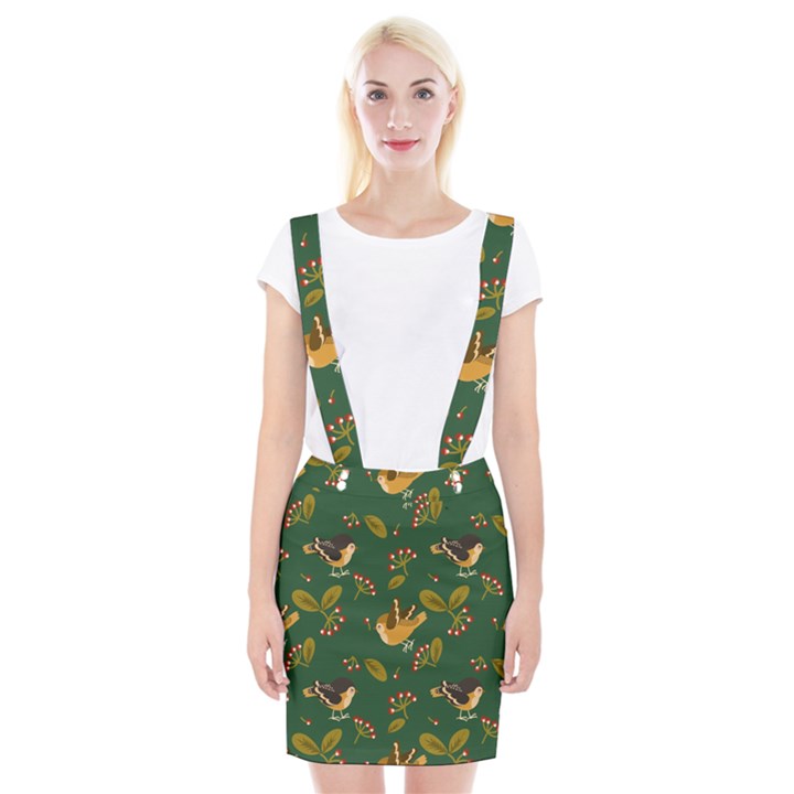 Cute seamless pattern bird with berries leaves Braces Suspender Skirt