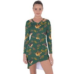 Cute Seamless Pattern Bird With Berries Leaves Asymmetric Cut-out Shift Dress by BangZart