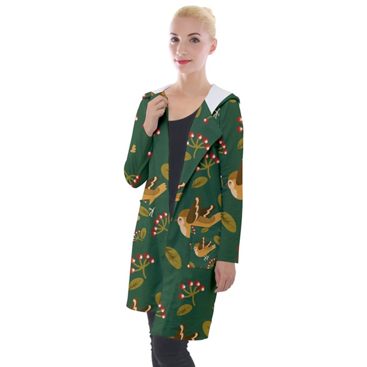 Cute seamless pattern bird with berries leaves Hooded Pocket Cardigan