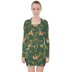 Cute Seamless Pattern Bird With Berries Leaves V-neck Bodycon Long Sleeve Dress by BangZart