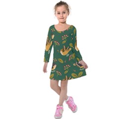 Cute Seamless Pattern Bird With Berries Leaves Kids  Long Sleeve Velvet Dress by BangZart