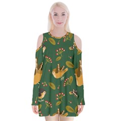 Cute Seamless Pattern Bird With Berries Leaves Velvet Long Sleeve Shoulder Cutout Dress by BangZart