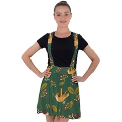 Cute Seamless Pattern Bird With Berries Leaves Velvet Suspender Skater Skirt