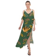 Cute Seamless Pattern Bird With Berries Leaves Maxi Chiffon Cover Up Dress