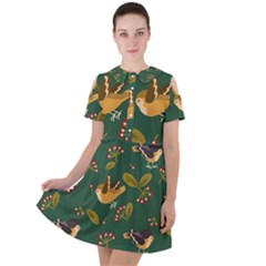 Cute Seamless Pattern Bird With Berries Leaves Short Sleeve Shoulder Cut Out Dress  by BangZart