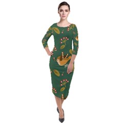 Cute Seamless Pattern Bird With Berries Leaves Quarter Sleeve Midi Velour Bodycon Dress by BangZart