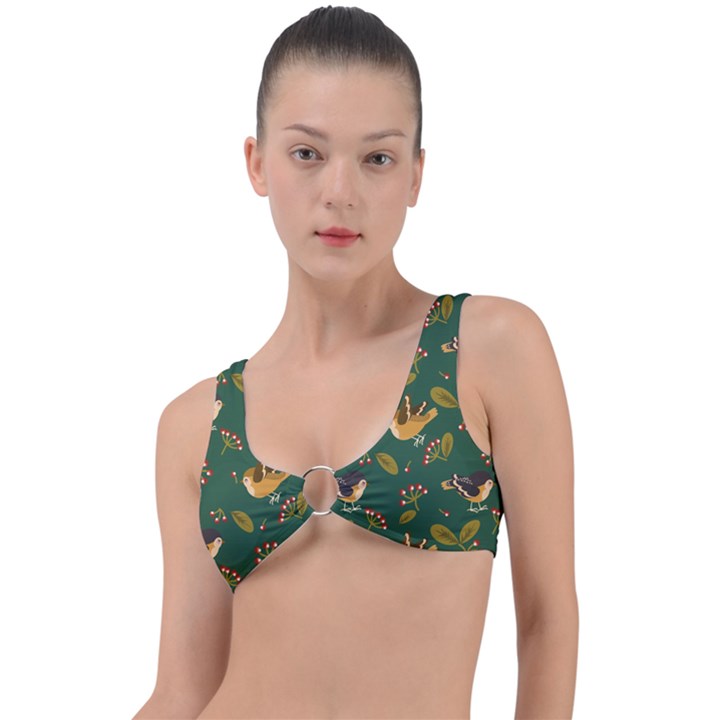 Cute seamless pattern bird with berries leaves Ring Detail Bikini Top