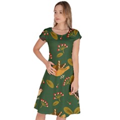 Cute Seamless Pattern Bird With Berries Leaves Classic Short Sleeve Dress