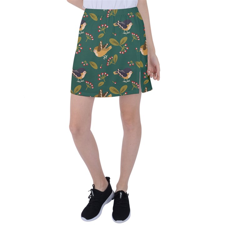 Cute seamless pattern bird with berries leaves Tennis Skirt