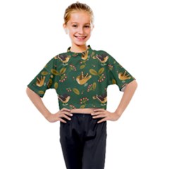 Cute Seamless Pattern Bird With Berries Leaves Kids Mock Neck Tee