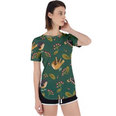 Cute Seamless Pattern Bird With Berries Leaves Perpetual Short Sleeve T-shirt